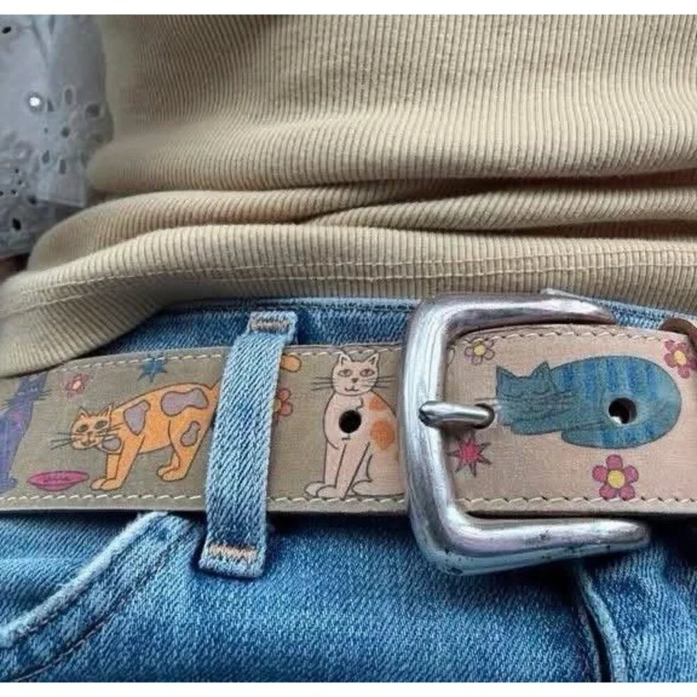 Cats Print Belt Women’s Sz M Faux Leather Made In USA Crazy Cat Lady VTG RARE